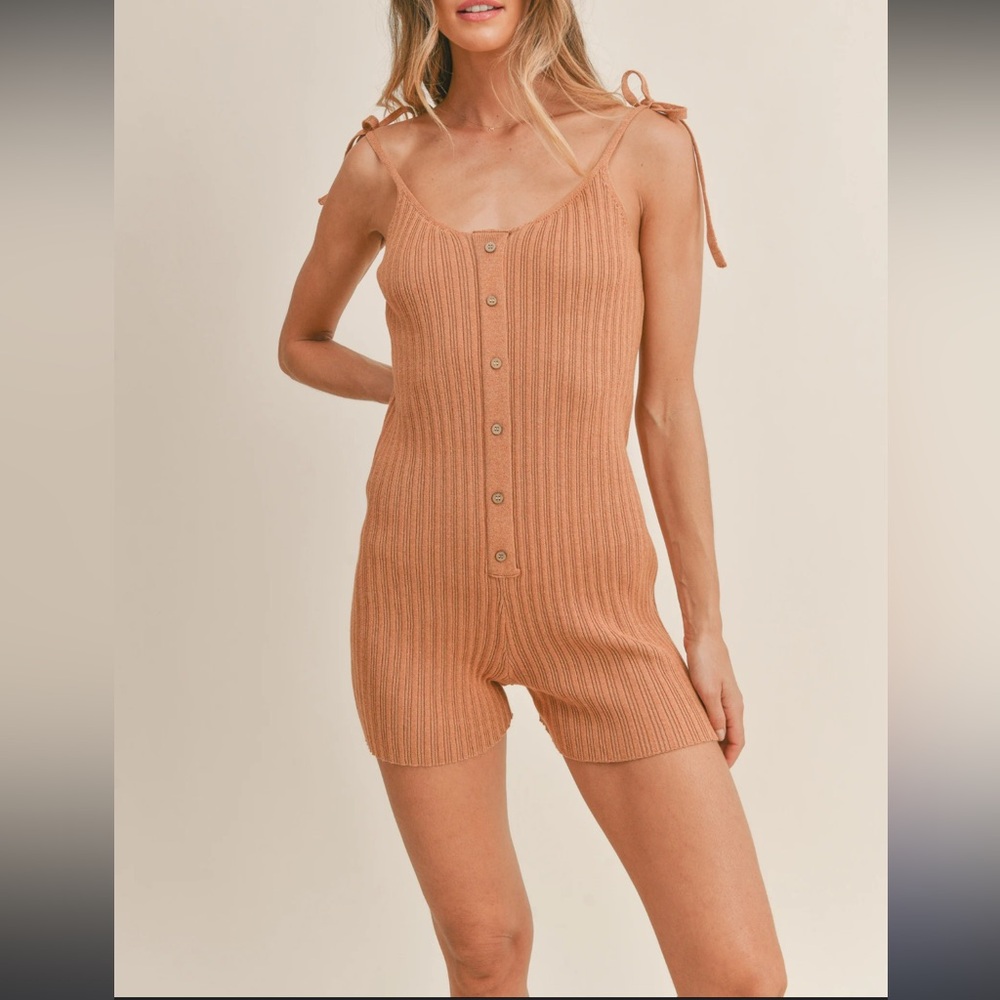 Mable Wren Open Back Ribbed Romper Neutral Beige